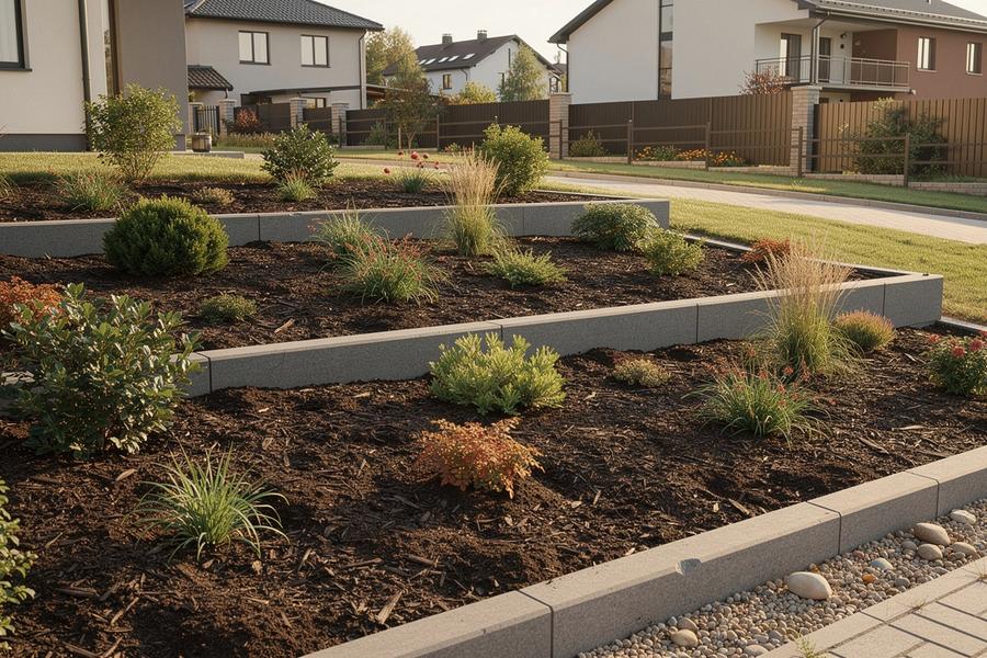 After: terrace beds with structured planting and fresh mulch